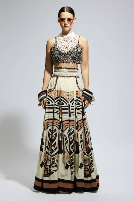 Buy_Sva By Sonam & Paras Modi_Black Silk Sequins, Embroidery V-neck Mask Print Bustier And Pleated Skirt Set_Online_at_Aza_Fashions