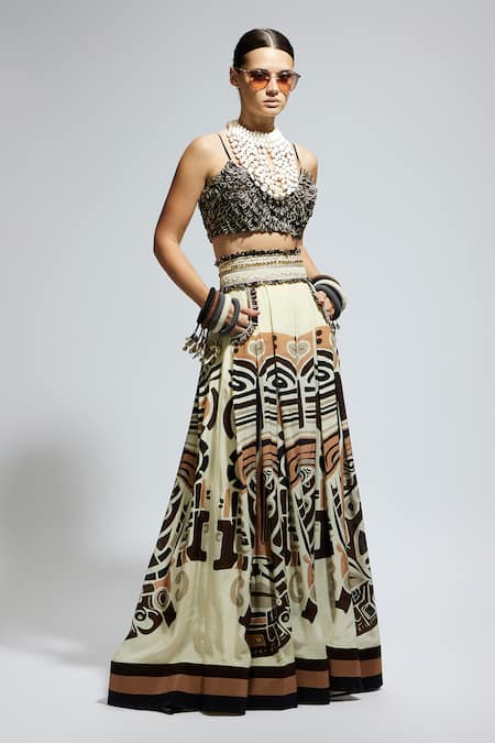 Buy_Sva By Sonam & Paras Modi_Black Silk Sequins, Embroidery V-neck Mask Print Bustier And Pleated Skirt Set