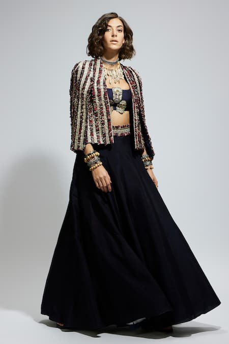 Sva By Sonam & Paras Modi_Blue Silk Applique, Embroidery Square Textured Embellished Jacket And Lehenga Set_Online_at_Aza_Fashions