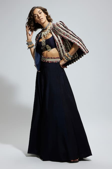 Sva By Sonam & Paras Modi_Blue Silk Applique, Embroidery Square Textured Embellished Jacket And Lehenga Set_at_Aza_Fashions