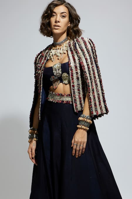 Buy_Sva By Sonam & Paras Modi_Blue Silk Applique, Embroidery Square Textured Embellished Jacket And Lehenga Set