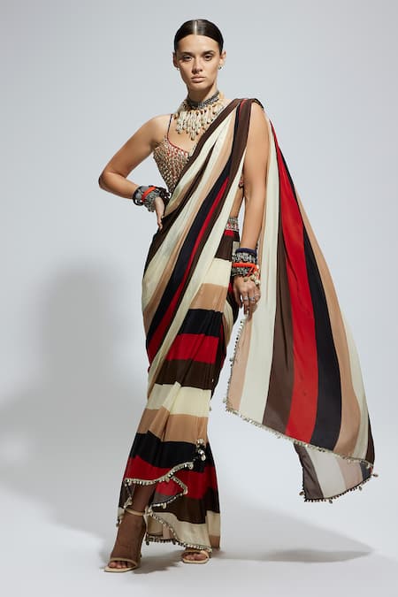 Sva By Sonam & Paras Modi_Multi Color Crepe Embroidery, Multicolor Cascade Pre-draped Saree And Blouse_Online_at_Aza_Fashions