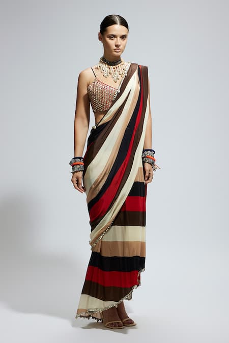 Buy_Sva By Sonam & Paras Modi_Multi Color Crepe Embroidery, Multicolor Cascade Pre-draped Saree And Blouse