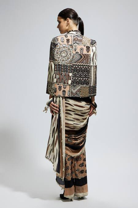 Shop Sva By Sonam & Paras Modi Multi Color Silk, Crepe Sequins, Beads, Printed Pre-draped Saree Set With Jacket at Aza Fashions Shop_Sva By Sonam & Paras Modi_Multi Color Silk, Crepe Sequins, Beads, Printed Pre-draped Saree Set With Jacket_at_Aza_Fashions