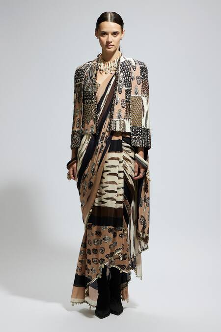 Sva By Sonam & Paras Modi Multi Color Silk, Crepe Sequins, Beads, Printed Pre-draped Saree Set With Jacket Online at Aza Fashions Sva By Sonam & Paras Modi_Multi Color Silk, Crepe Sequins, Beads, Printed Pre-draped Saree Set With Jacket_Online_at_Aza_Fashions
