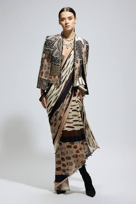 Buy Sva By Sonam & Paras Modi Multi Color Silk, Crepe Sequins, Beads, Printed Pre-draped Saree Set With Jacket Online at Aza Fashions Buy_Sva By Sonam & Paras Modi_Multi Color Silk, Crepe Sequins, Beads, Printed Pre-draped Saree Set With Jacket_Online_at_Aza_Fashions