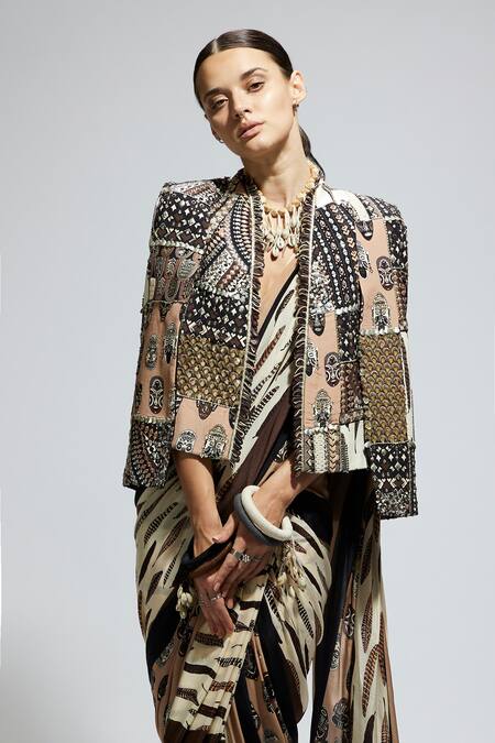 Sva By Sonam & Paras Modi Multi Color Silk, Crepe Sequins, Beads, Printed Pre-draped Saree Set With Jacket at Aza Fashions Sva By Sonam & Paras Modi_Multi Color Silk, Crepe Sequins, Beads, Printed Pre-draped Saree Set With Jacket_at_Aza_Fashions