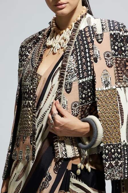 Buy Sva By Sonam & Paras Modi Multi Color Silk, Crepe Sequins, Beads, Printed Pre-draped Saree Set With Jacket Buy_Sva By Sonam & Paras Modi_Multi Color Silk, Crepe Sequins, Beads, Printed Pre-draped Saree Set With Jacket