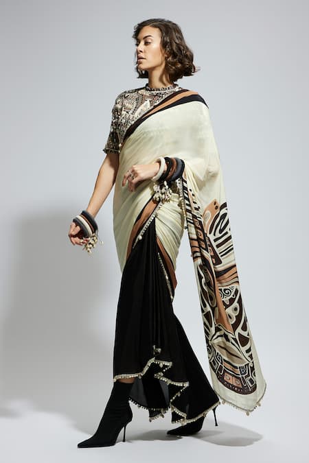 Sva By Sonam & Paras Modi_Black Silk Sequins, Embroidery Round Neck Colorblock Pre-draped Saree And Blouse_Online_at_Aza_Fashions