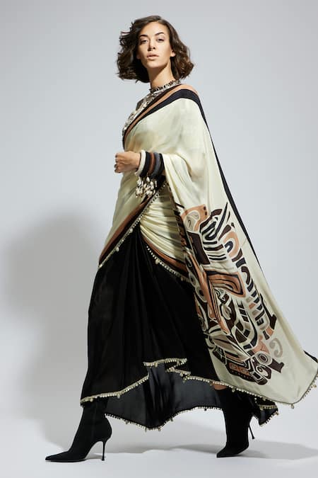 Buy_Sva By Sonam & Paras Modi_Black Silk Sequins, Embroidery Round Neck Colorblock Pre-draped Saree And Blouse_Online_at_Aza_Fashions