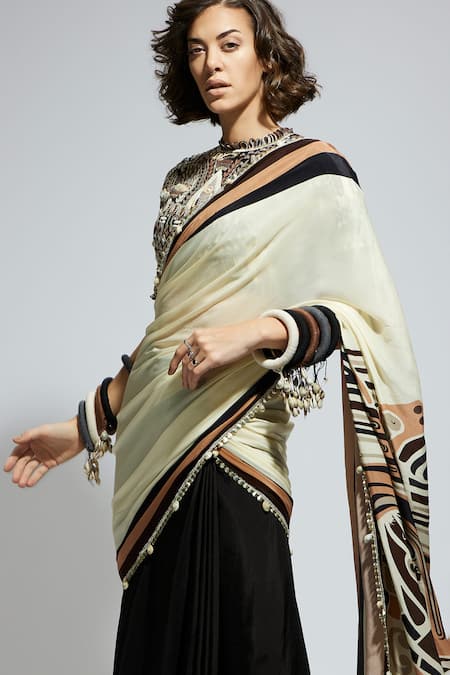 Shop_Sva By Sonam & Paras Modi_Black Silk Sequins, Embroidery Round Neck Colorblock Pre-draped Saree And Blouse_Online_at_Aza_Fashions