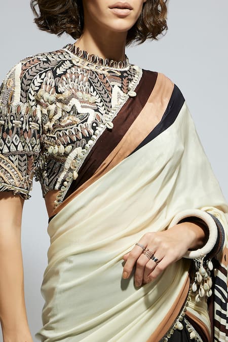 Sva By Sonam & Paras Modi_Black Silk Sequins, Embroidery Round Neck Colorblock Pre-draped Saree And Blouse_at_Aza_Fashions