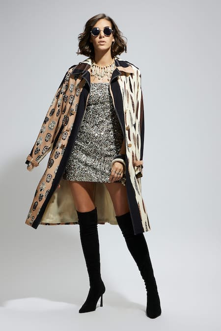 Sva By Sonam & Paras Modi_Ivory Crepe Feathers Print Embroidered Trench Coat_Online_at_Aza_Fashions
