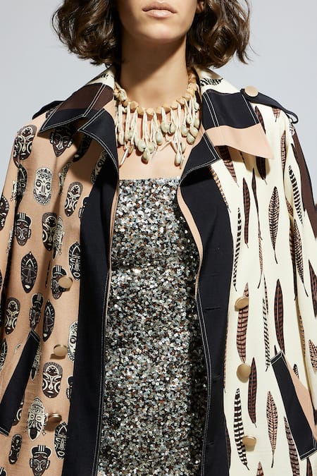 Buy_Sva By Sonam & Paras Modi_Ivory Crepe Feathers Print Embroidered Trench Coat