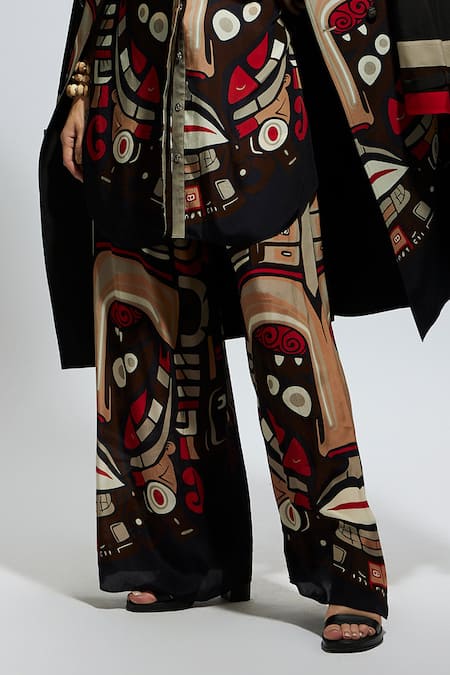Sva By Sonam & Paras Modi_Black Crepe Mask Placement Print Trench Coat_Online_at_Aza_Fashions