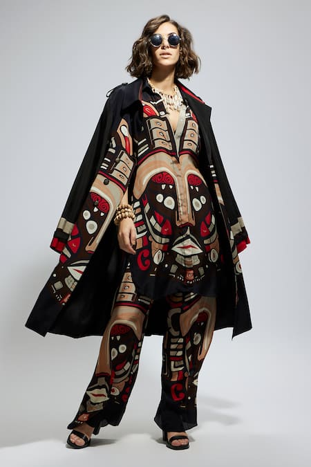 Buy_Sva By Sonam & Paras Modi_Black Crepe Mask Placement Print Trench Coat_Online_at_Aza_Fashions