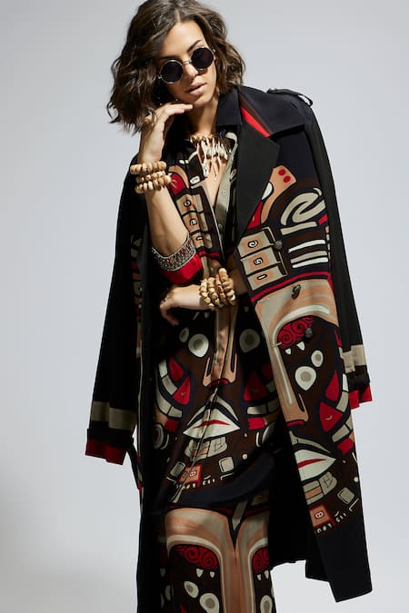 Sva By Sonam & Paras Modi_Black Crepe Mask Placement Print Trench Coat_at_Aza_Fashions