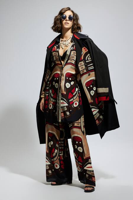 Shop_Sva By Sonam & Paras Modi_Black Crepe Mask Placement Print Trench Coat