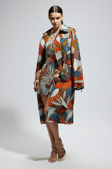 Sva By Sonam & Paras Modi_Multi Color Canvas Multicolor Abstract Print Trench Coat_Online_at_Aza_Fashions