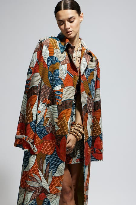 Buy_Sva By Sonam & Paras Modi_Multi Color Canvas Multicolor Abstract Print Trench Coat_Online_at_Aza_Fashions