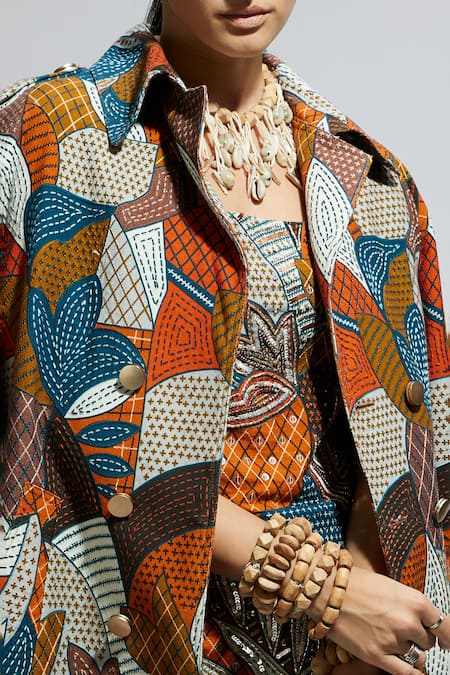 Sva By Sonam & Paras Modi_Multi Color Canvas Multicolor Abstract Print Trench Coat_at_Aza_Fashions