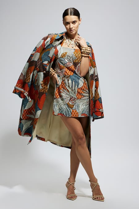 Buy_Sva By Sonam & Paras Modi_Multi Color Canvas Multicolor Abstract Print Trench Coat