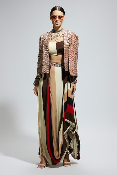 Sva By Sonam & Paras Modi Orange Silk, Crepe Foil Printing Scallop Embellished Jacket And Draped Skirt Set Online at Aza Fashions Sva By Sonam & Paras Modi_Orange Silk, Crepe Foil Printing Scallop Embellished Jacket And Draped Skirt Set_Online_at_Aza_Fashions