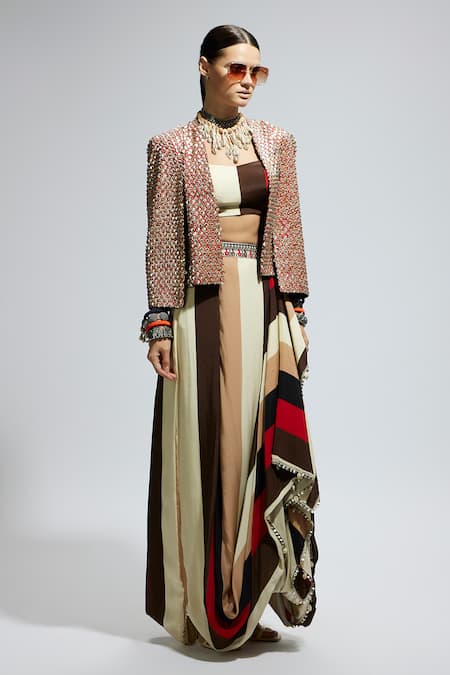 Buy Sva By Sonam & Paras Modi Orange Silk, Crepe Foil Printing Scallop Embellished Jacket And Draped Skirt Set Online at Aza Fashions Buy_Sva By Sonam & Paras Modi_Orange Silk, Crepe Foil Printing Scallop Embellished Jacket And Draped Skirt Set_Online_at_Aza_Fashions