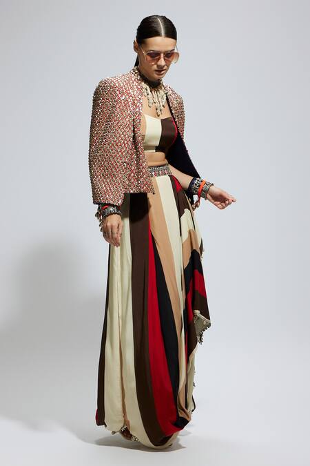 Sva By Sonam & Paras Modi Orange Silk, Crepe Foil Printing Scallop Embellished Jacket And Draped Skirt Set at Aza Fashions Sva By Sonam & Paras Modi_Orange Silk, Crepe Foil Printing Scallop Embellished Jacket And Draped Skirt Set_at_Aza_Fashions