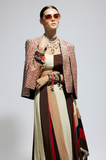 Shop Sva By Sonam & Paras Modi Orange Silk, Crepe Foil Printing Scallop Embellished Jacket And Draped Skirt Set Shop_Sva By Sonam & Paras Modi_Orange Silk, Crepe Foil Printing Scallop Embellished Jacket And Draped Skirt Set
