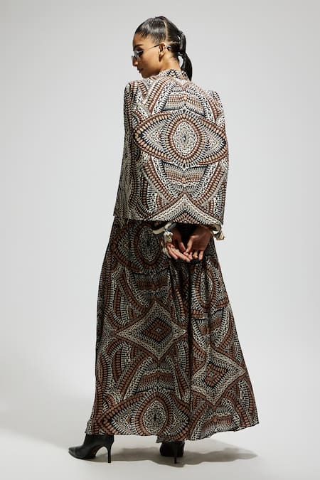 Shop Sva By Sonam & Paras Modi Brown Crepe Sequins, Beads Open Neck, Zectangle Print Embellished Jacket Set at Aza Fashions Shop_Sva By Sonam & Paras Modi_Brown Crepe Sequins, Beads Open Neck, Zectangle Print Embellished Jacket Set_at_Aza_Fashions