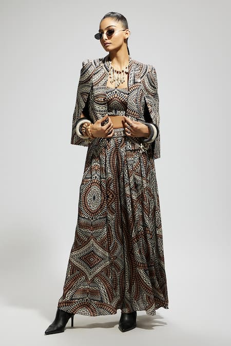 Buy Sva By Sonam & Paras Modi Brown Crepe Sequins, Beads Open Neck, Zectangle Print Embellished Jacket Set Online at Aza Fashions Buy_Sva By Sonam & Paras Modi_Brown Crepe Sequins, Beads Open Neck, Zectangle Print Embellished Jacket Set_Online_at_Aza_Fashions