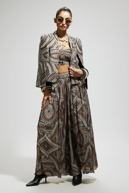 Sva By Sonam & Paras Modi Brown Crepe Sequins, Beads Open Neck, Zectangle Print Embellished Jacket Set at Aza Fashions Sva By Sonam & Paras Modi_Brown Crepe Sequins, Beads Open Neck, Zectangle Print Embellished Jacket Set_at_Aza_Fashions