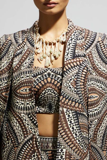 Buy Sva By Sonam & Paras Modi Brown Crepe Sequins, Beads Open Neck, Zectangle Print Embellished Jacket Set Buy_Sva By Sonam & Paras Modi_Brown Crepe Sequins, Beads Open Neck, Zectangle Print Embellished Jacket Set