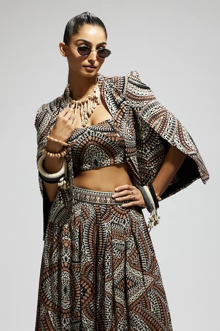 Shop Sva By Sonam & Paras Modi Brown Crepe Sequins, Beads Open Neck, Zectangle Print Embellished Jacket Set Shop_Sva By Sonam & Paras Modi_Brown Crepe Sequins, Beads Open Neck, Zectangle Print Embellished Jacket Set