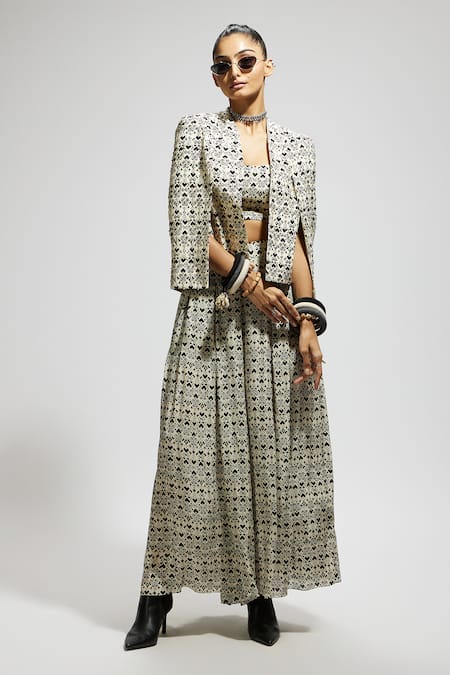 Sva By Sonam & Paras Modi_White Crepe Sequins, Beads Open Neck, Geo Print Embellished Jacket Palazzo Set_Online_at_Aza_Fashions