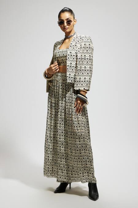 Buy_Sva By Sonam & Paras Modi_White Crepe Sequins, Beads Open Neck, Geo Print Embellished Jacket Palazzo Set_Online_at_Aza_Fashions