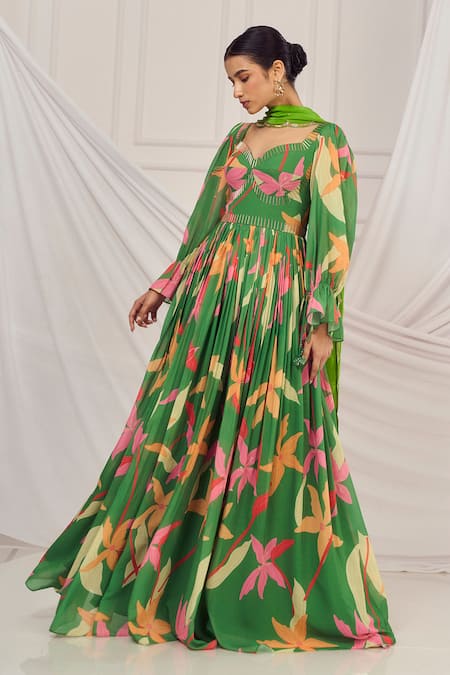 Harshita Singhvi_Green Georgette, Crepe, Cotton Sequins, Cut Floral Print Cutdana Anarkali Set _Online_at_Aza_Fashions