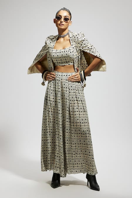Sva By Sonam & Paras Modi_White Crepe Sequins, Beads Open Neck, Geo Print Embellished Jacket Palazzo Set_at_Aza_Fashions