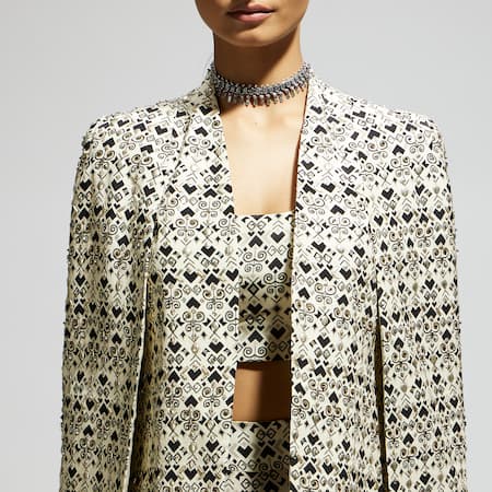 Buy_Sva By Sonam & Paras Modi_White Crepe Sequins, Beads Open Neck, Geo Print Embellished Jacket Palazzo Set
