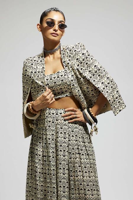 Shop_Sva By Sonam & Paras Modi_White Crepe Sequins, Beads Open Neck, Geo Print Embellished Jacket Palazzo Set