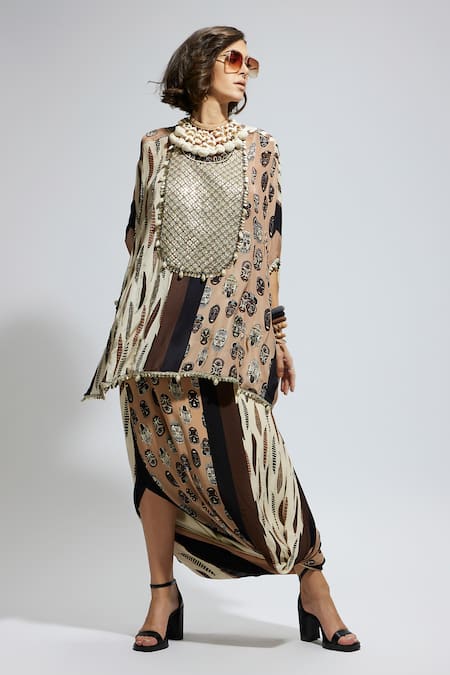 SVA by Sonam & Paras Modi Mask Print Kaftan With Draped Skirt 