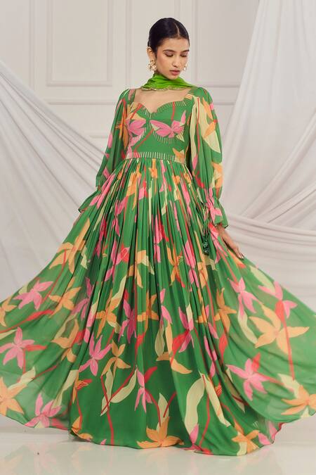 Shop_Harshita Singhvi_Green Georgette, Crepe, Cotton Sequins, Cut Floral Print Cutdana Anarkali Set _Online_at_Aza_Fashions