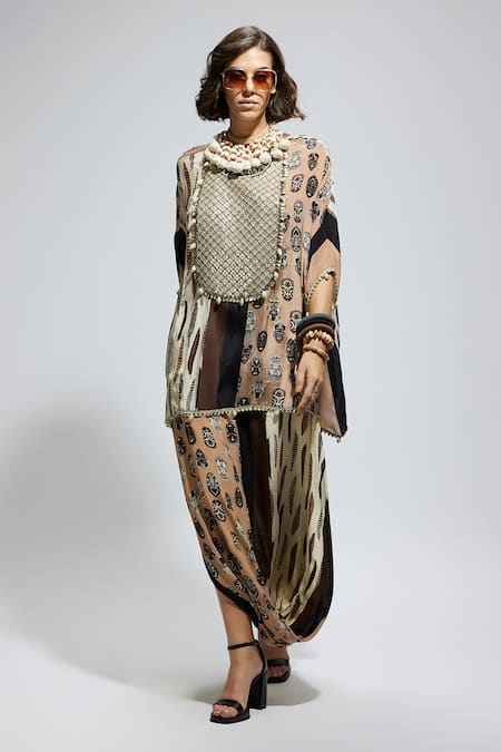 Sva By Sonam & Paras Modi Brown Crepe Sequins, Feathers Round Neck Mask Print Kaftan And Draped Skirt Online at Aza Fashions Sva By Sonam & Paras Modi_Brown Crepe Sequins, Feathers Round Neck Mask Print Kaftan And Draped Skirt_Online_at_Aza_Fashions