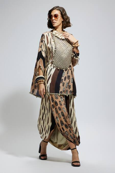 Buy Sva By Sonam & Paras Modi Brown Crepe Sequins, Feathers Round Neck Mask Print Kaftan And Draped Skirt Online at Aza Fashions Buy_Sva By Sonam & Paras Modi_Brown Crepe Sequins, Feathers Round Neck Mask Print Kaftan And Draped Skirt_Online_at_Aza_Fashions