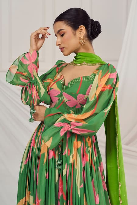 Harshita Singhvi_Green Georgette, Crepe, Cotton Sequins, Cut Floral Print Cutdana Anarkali Set _at_Aza_Fashions