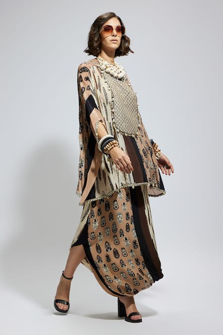 Sva By Sonam & Paras Modi Brown Crepe Sequins, Feathers Round Neck Mask Print Kaftan And Draped Skirt at Aza Fashions Sva By Sonam & Paras Modi_Brown Crepe Sequins, Feathers Round Neck Mask Print Kaftan And Draped Skirt_at_Aza_Fashions