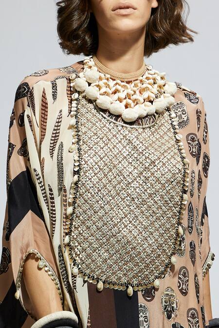 Buy Sva By Sonam & Paras Modi Brown Crepe Sequins, Feathers Round Neck Mask Print Kaftan And Draped Skirt Buy_Sva By Sonam & Paras Modi_Brown Crepe Sequins, Feathers Round Neck Mask Print Kaftan And Draped Skirt