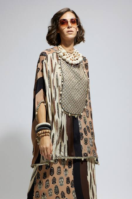 Shop Sva By Sonam & Paras Modi Brown Crepe Sequins, Feathers Round Neck Mask Print Kaftan And Draped Skirt Shop_Sva By Sonam & Paras Modi_Brown Crepe Sequins, Feathers Round Neck Mask Print Kaftan And Draped Skirt