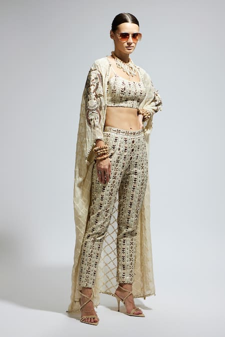 Sva By Sonam & Paras Modi_White Silk Mirrors, Sequins, Beads Round Neck Geometric Woven Cape Pant Set_Online_at_Aza_Fashions
